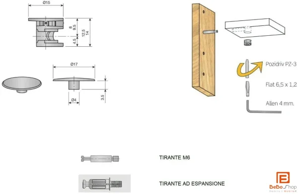 KIT x20 – ECCENTRICO Diametro 15 ASSEMBLAGGIO MOBILI – Filettatura M6