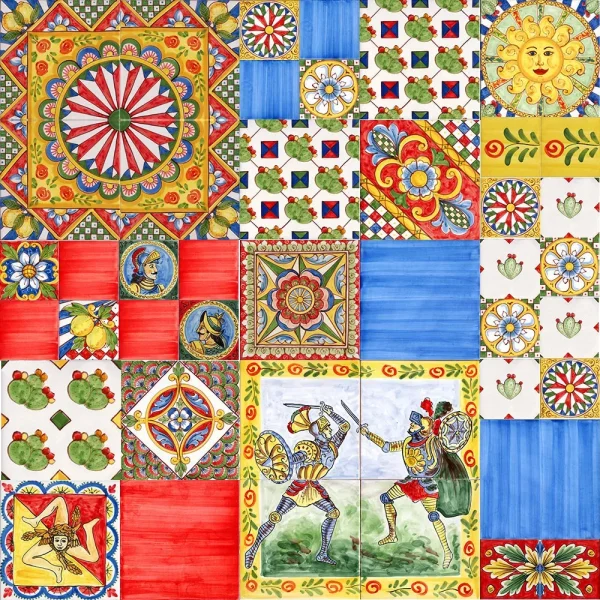 Patchwork con piastrelle siciliane stile carretto decorate a mano Made in Italy