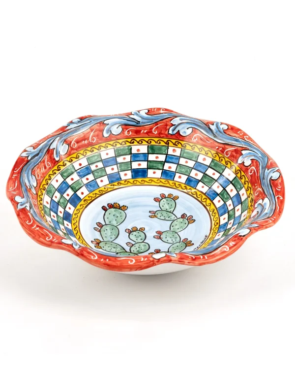 Portadolci fruttiera in ceramica di Caltagirone in Stile Carretto Siciliano con decoro ficodindia