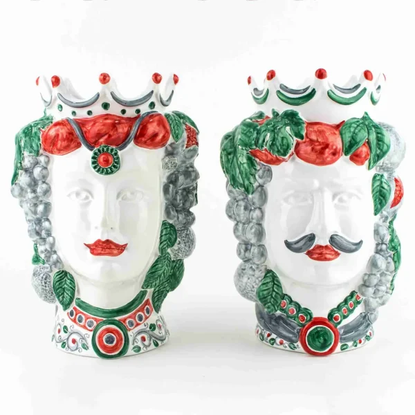 Coppia Teste di Moro H cm 25 in Ceramica di Caltagirone Fatta a Mano, Teste di Moro siciliane
